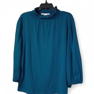NWT Peter Nygard‎ Blouse Women 1X Turquoise Knit SmockedNeck LongSleeve Business